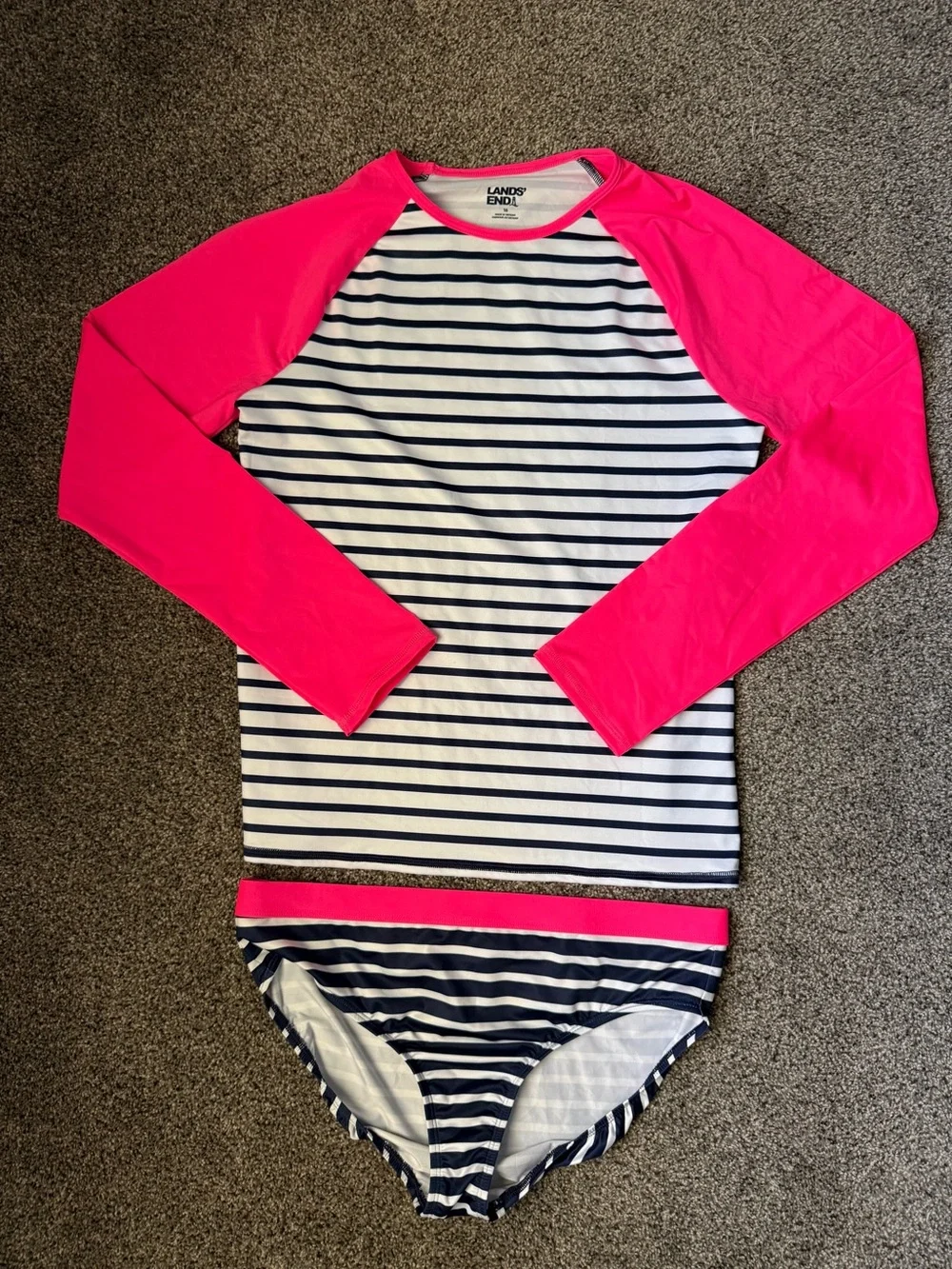 Lands' End Girls' Neon Pink & Navy Stripe Long-Sleeve Rash Guard Set